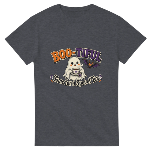 Funny Halloween t-shirt with cheerful ghost with a cup of tea, 'Boo-tiful Time for a Spot of Tea' (view 1 of 3)