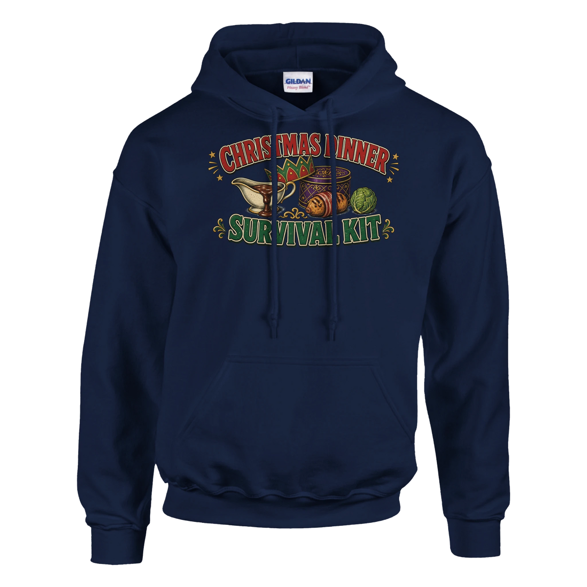 Funny Christmas hoodie with 'Christmas Dinner Survival Kit' with gravy, cracker crown, chocolates and a sprout (view 4 of 5)
