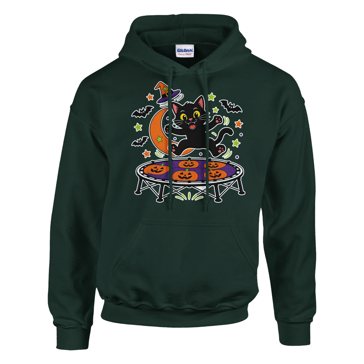 Funny Halloween hoodie with black cat bouncing on a trampoline (view 5 of 5)