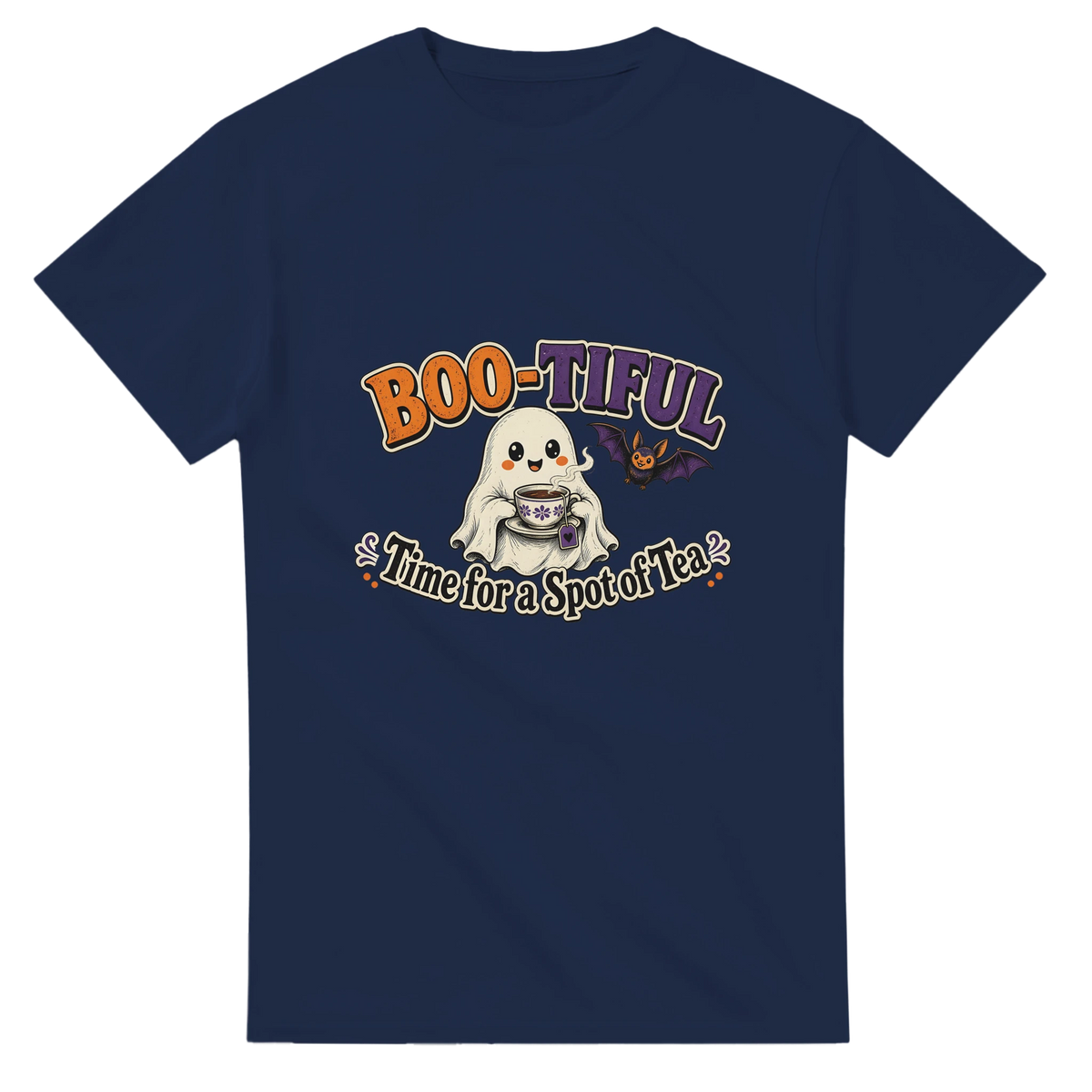 Funny Halloween t-shirt with cheerful ghost with a cup of tea, 'Boo-tiful Time for a Spot of Tea' (view 2 of 3)