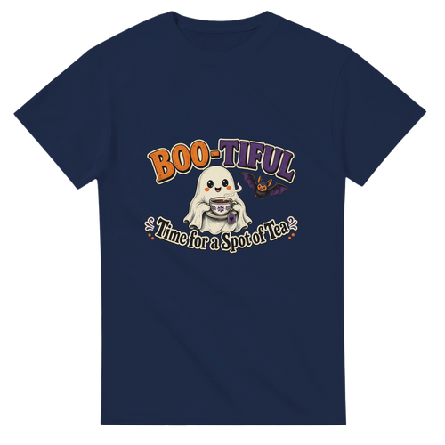 Funny Halloween t-shirt with cheerful ghost with a cup of tea, 'Boo-tiful Time for a Spot of Tea' (view 2 of 3)