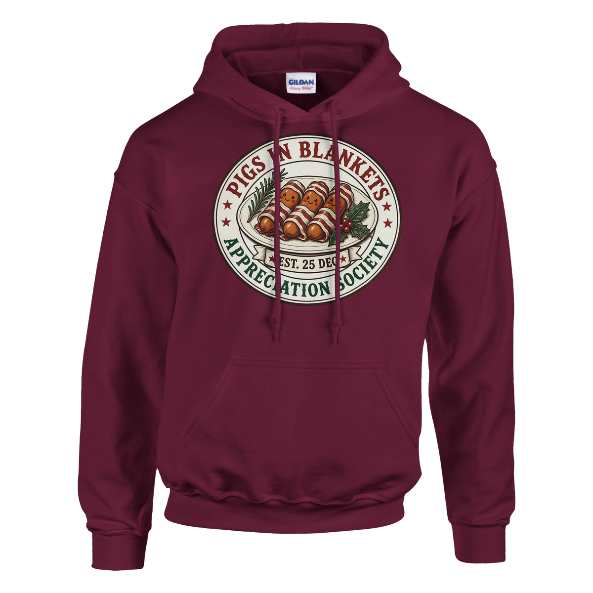 Funny Christmas hoodie with vintage-style 'Pigs in Blankets Appreciation Society' badge (view 2 of 5)