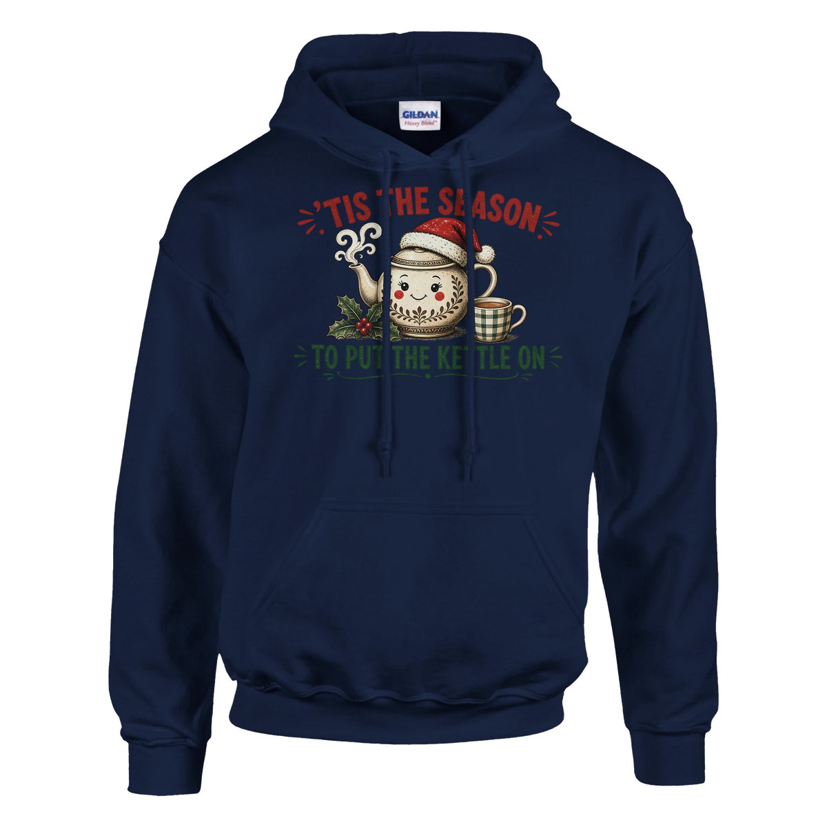 Funny Christmas hoodie with teapot in a Santa hat with a cuppa and holly, 'Tis the Season to Put the Kettle On' (view 3 of 5)