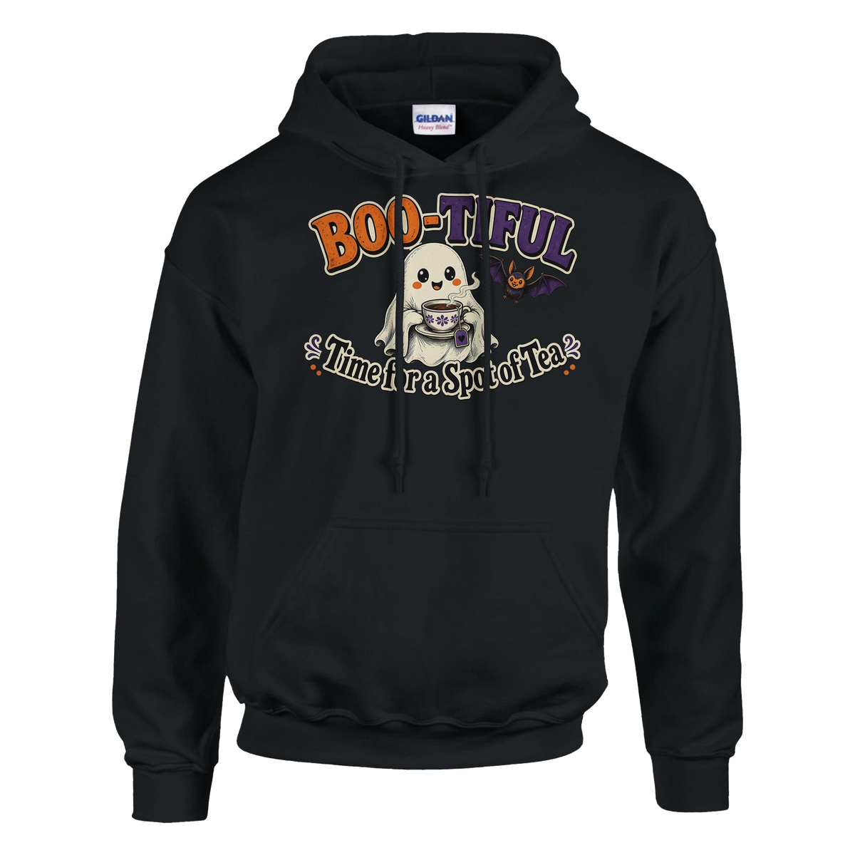 Funny Halloween hoodie with cheerful ghost with a cup of tea, 'Boo-tiful Time for a Spot of Tea' (view 4 of 5)
