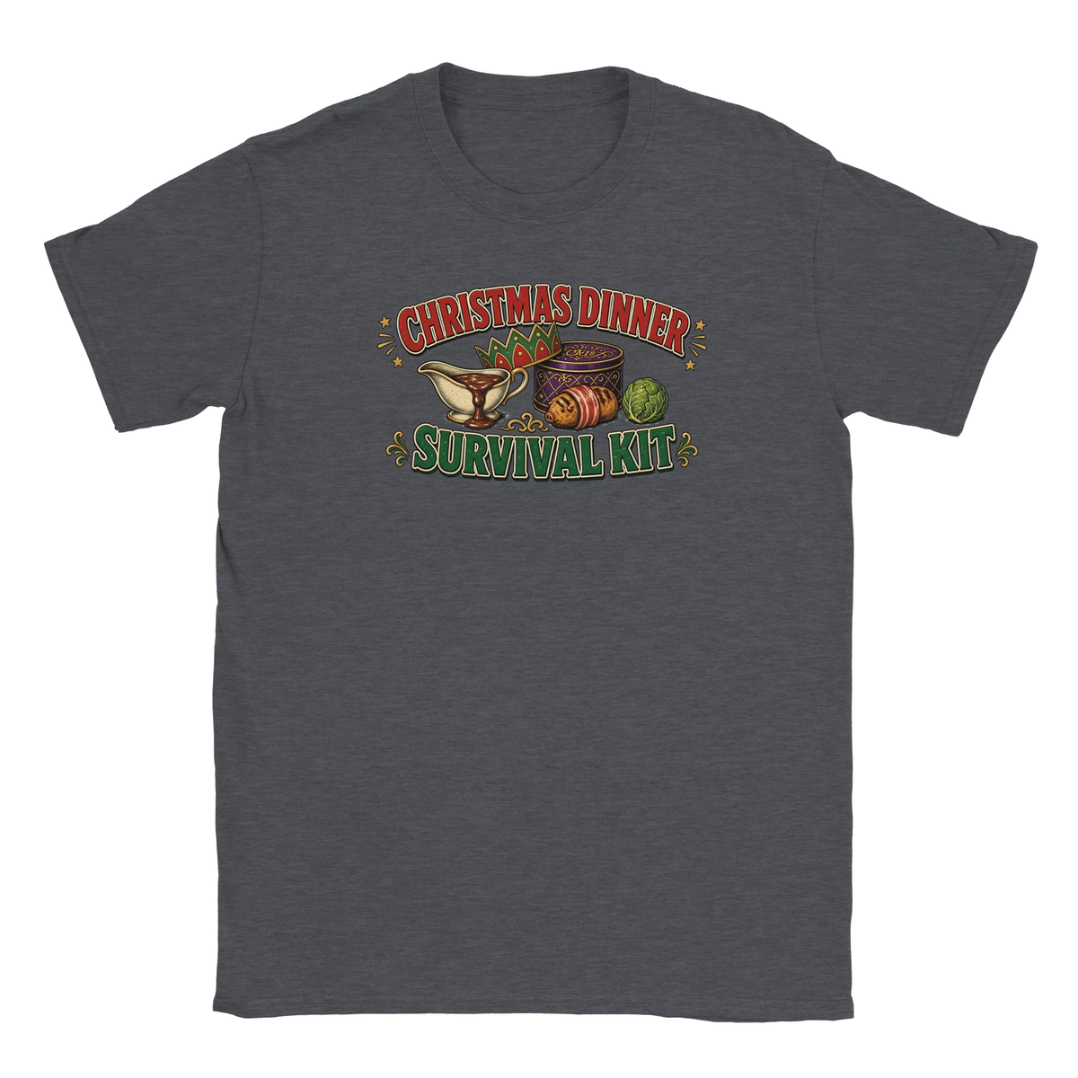 Funny Christmas t-shirt with 'Christmas Dinner Survival Kit' with gravy, cracker crown, chocolates and a sprout (view 3 of 5)