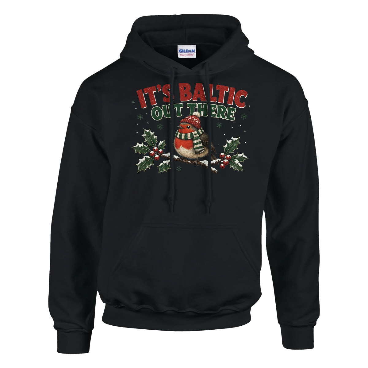 Funny Christmas hoodie with chubby robin in a woolly hat and scarf, 'It's Baltic Out There' (view 2 of 5)