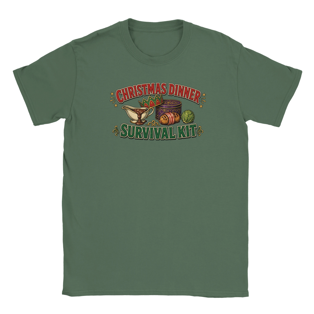 Funny Christmas t-shirt with 'Christmas Dinner Survival Kit' with gravy, cracker crown, chocolates and a sprout (view 1 of 5)