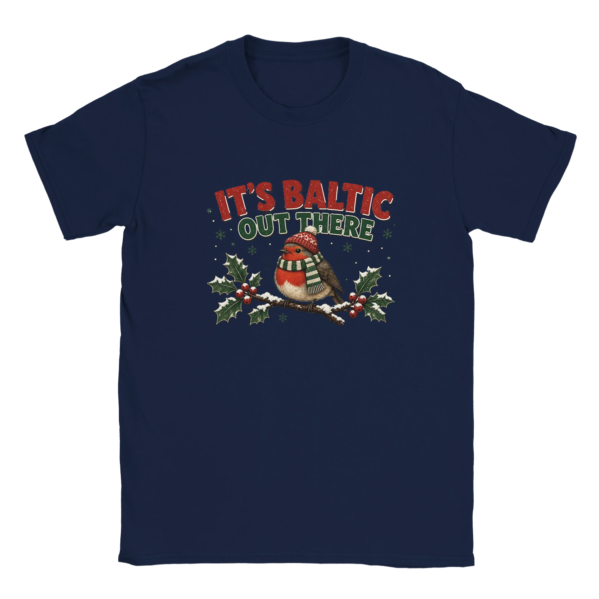 Funny Christmas t-shirt with chubby robin in a woolly hat and scarf, 'It's Baltic Out There' (view 4 of 5)