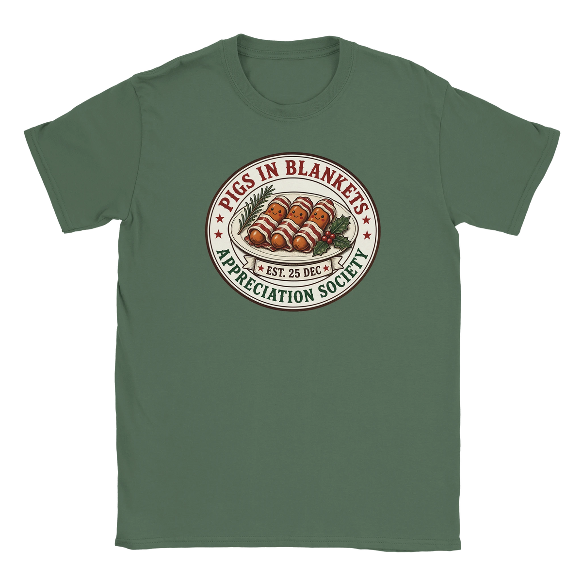 Funny Christmas t-shirt with vintage-style 'Pigs in Blankets Appreciation Society' badge (view 1 of 5)